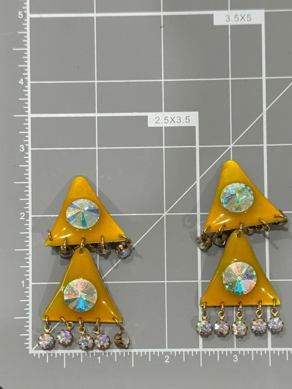 80s Vintage Yellow Resin Triangle‎ Drop Earrings with Holographic AB Crystals